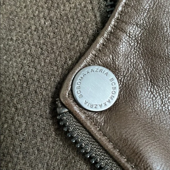 BCBGMaxAzria Army Green Wool coat jacket w100% brown leather collar & sleeves XS - Picture 4 of 13